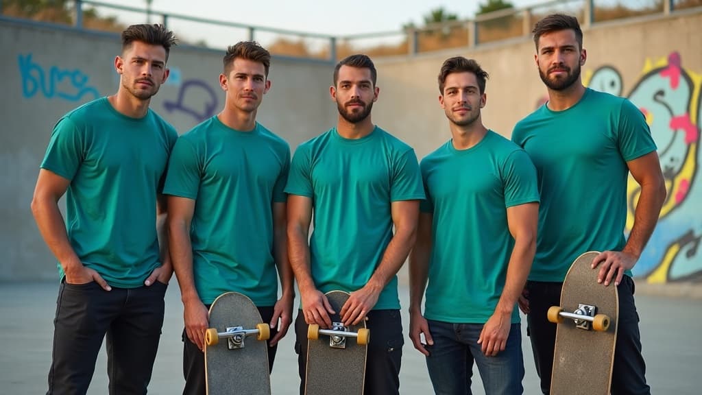 The GrindLine Skate Academy coaching team with their boards at the skatepark