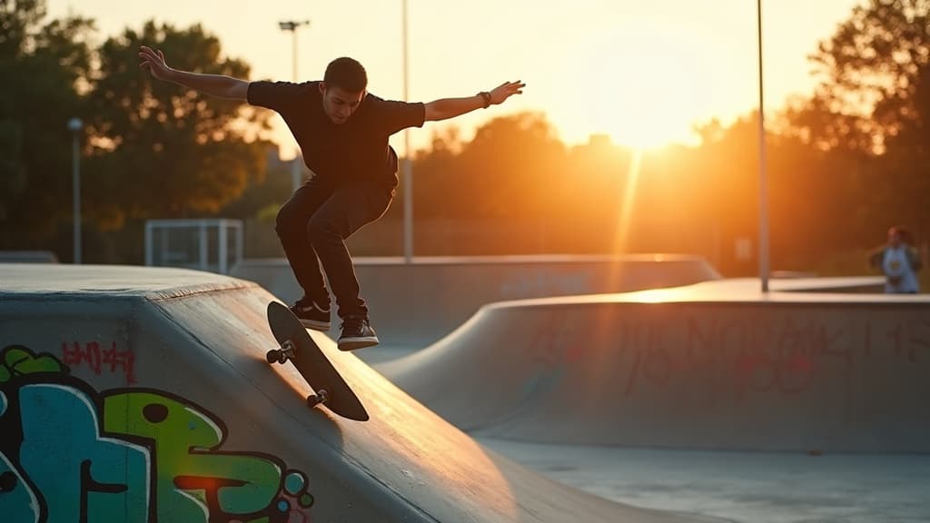 Skateboarder mid-trick at a bright concrete skatepark