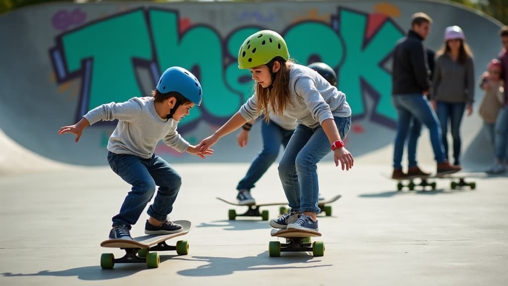 Skateboarder mid-trick at a bright concrete skatepark