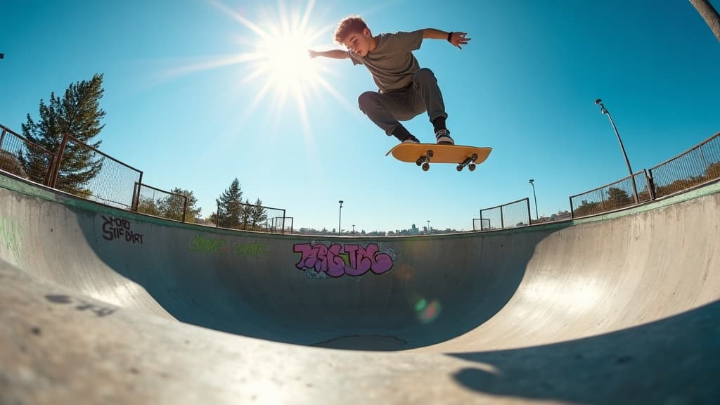 Teenage skateboarder flying high above a concrete skatepark bowl at GrindLine Skate Academy